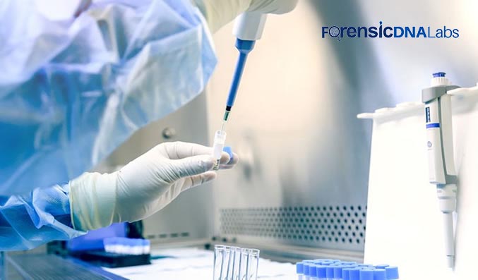 The image shows a laboratory scene. Scientists or researchers, wearing protective clothing and gloves, are working with laboratory equipment like pipettes and sample racks, conducting biology experiments.