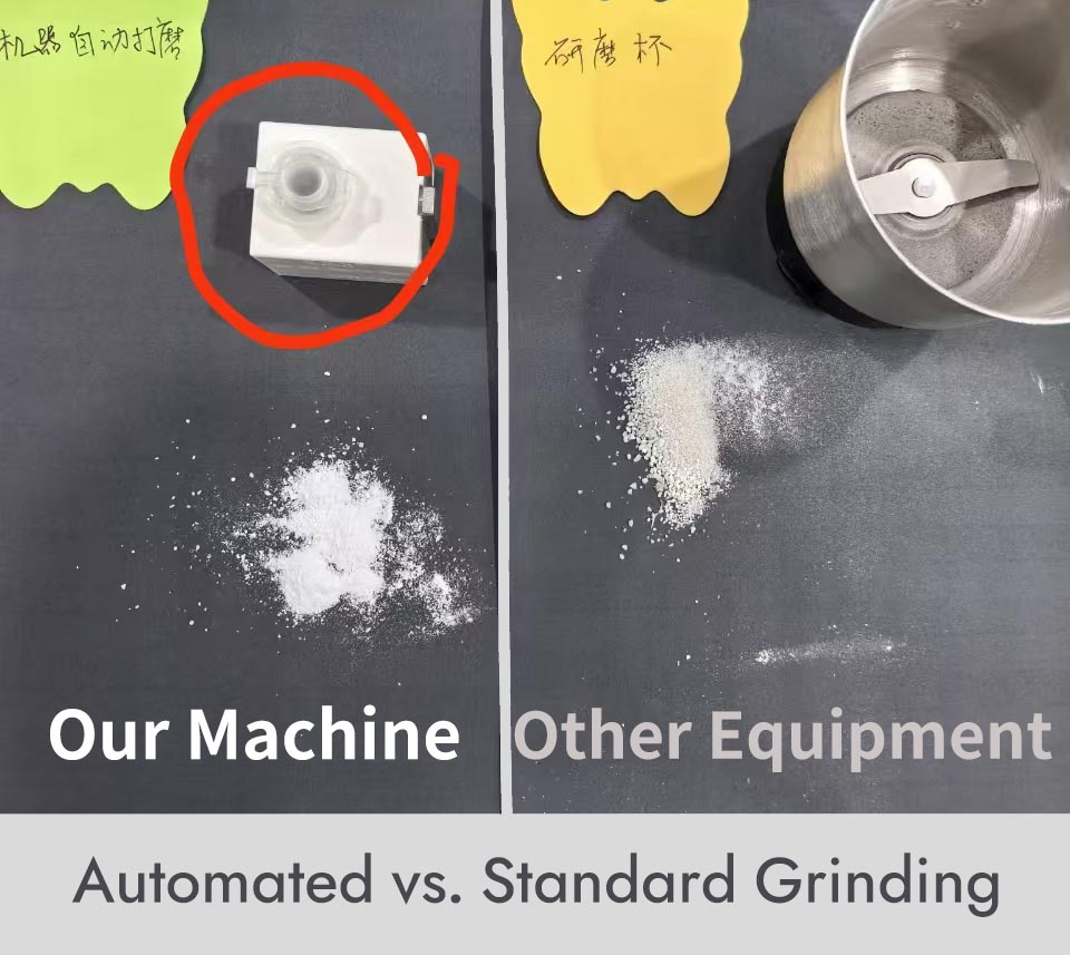 Comparison of our teeth grinder and grinding cup products: On the left, our grinder produces a fine powder with a natural white color, while the grinding cup, due to its less precise grinding and the heat generated during the process, produces a blackish product with larger particles.