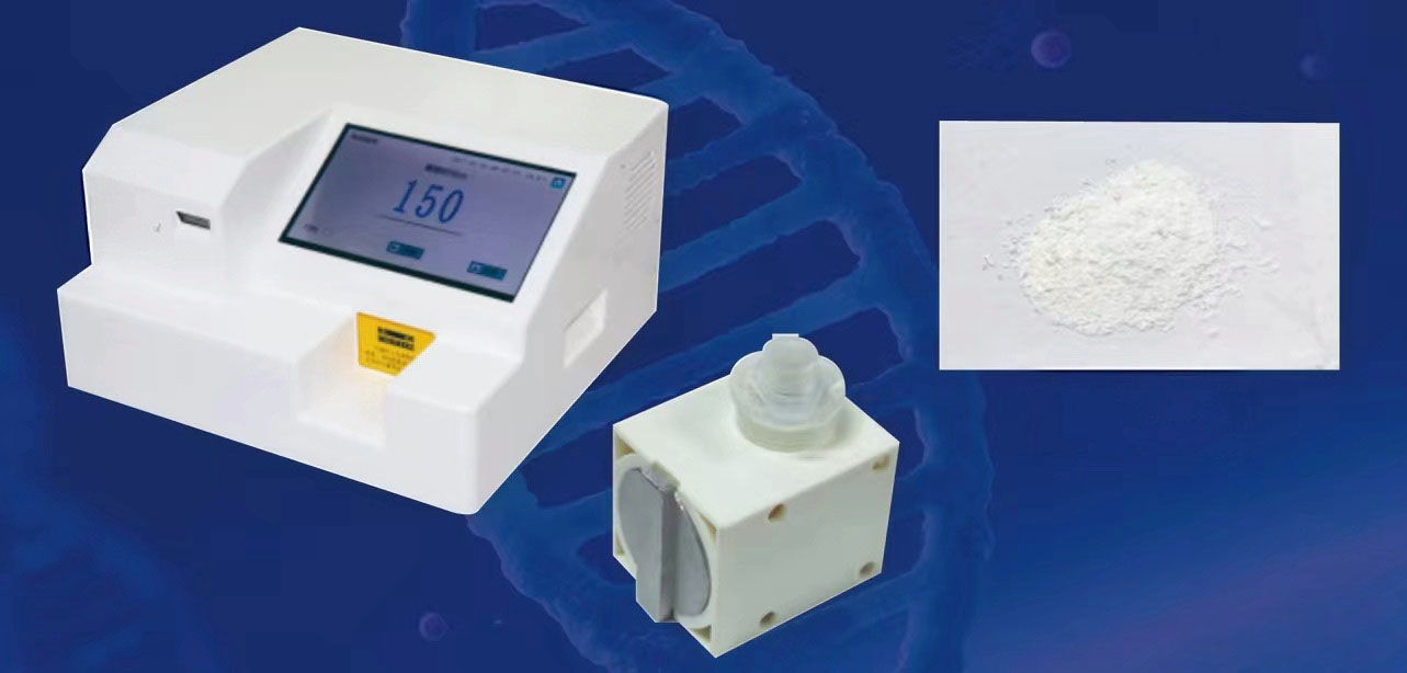 The main visual of the teeth grinder features a white machine body, consumables, and the finely ground powder product.